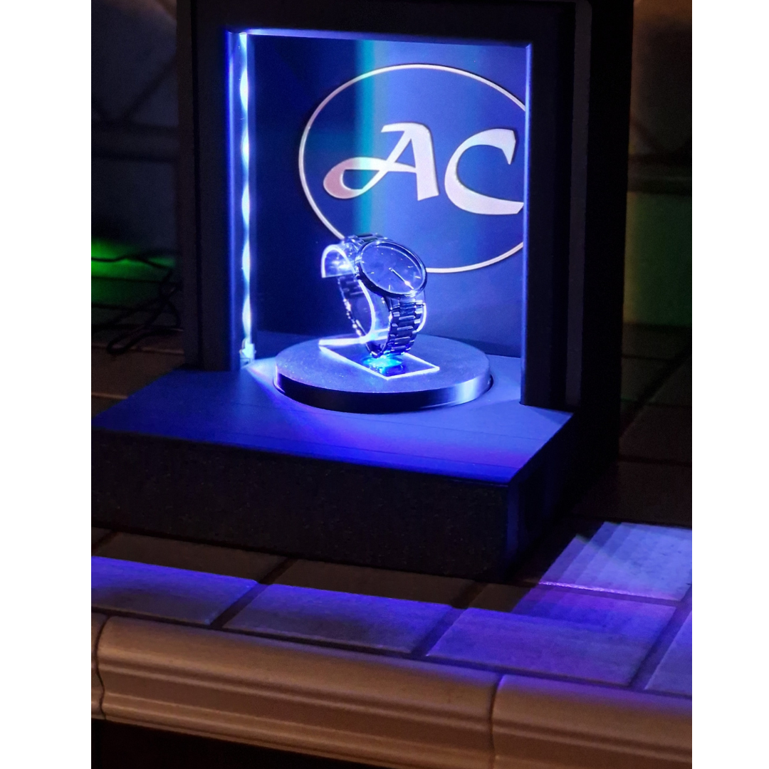 Espositore per Orologi Personalizzabile con Piatto Girevole Illuminato a LED