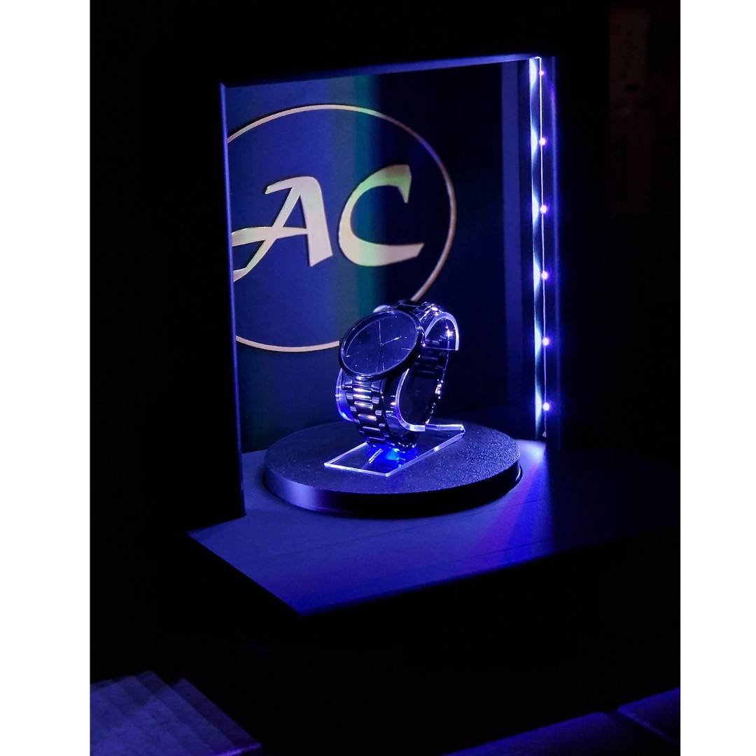 Espositore per Orologi Personalizzabile con Piatto Girevole Illuminato a LED
